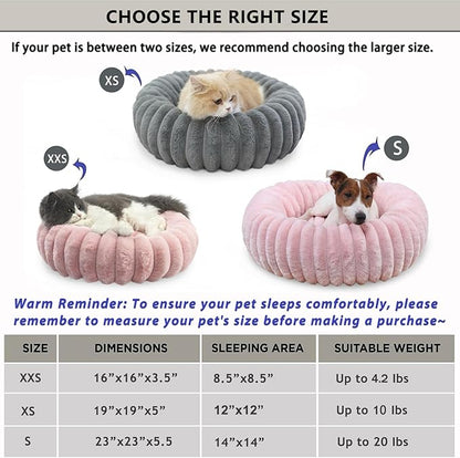 Donut Small Dog Bed Washable Cute Puppy Beds with Corduroy Fleece & Anti Slip Bottom, Round Faux Fur Pet Snuggle Beds for Large Cat, Pink, Small Breed 23x23x5.5 inches