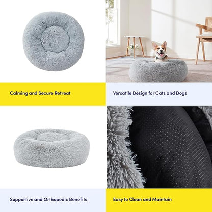 Dog & Cat Bed: Round Faux Fur Pet Bed - Plush, Cozy, & Calming Donut Bed for Large Pets - Soft & Comfortable Sleeping Cushion for Napping & Lounging, 30" Round, Silver