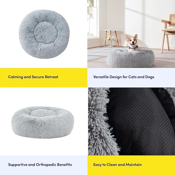 Dog & Cat Bed: Round Faux Fur Pet Bed - Plush, Cozy, & Calming Donut Bed for Small Pets - Soft & Comfortable Sleeping Cushion for Napping & Lounging, 20" Round, Silver