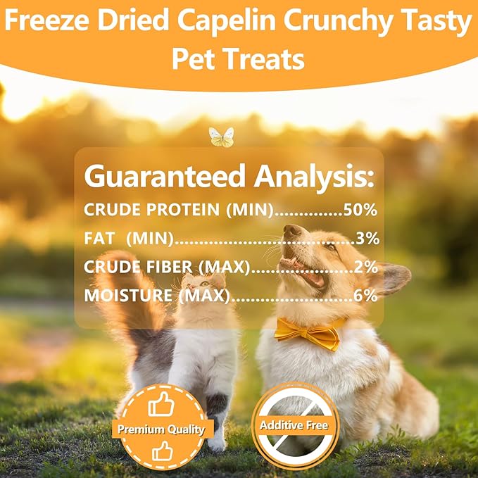 Freeze Dried Capelin with Roe Dogs Treats, Whole Fish for Dog & Cat - Single Ingredient, High Protein, Rich in Omega 3 for Skin & Coat Health, Grain-Free, Wild-Caught (6.4 oz)