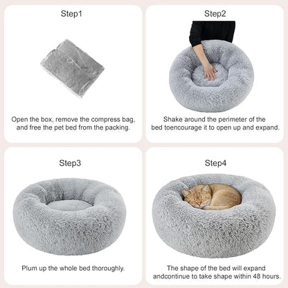 Dog Calming Beds for Small Medium Large Dogs - Round Donut Washable Puppy Dog Bed, Anti-Slip Faux Fur Fluffy Donut Cuddle Anxiety Cat Pet Bed(Light Grey 20")