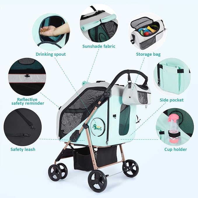Ownpets Dog Stroller with Upgraded 4 Wheels, 3 in 1 Foldable Pet Stroller for Medium Dogs and Cats Up to 66lbs, Detachable Carrier for Car Seat, with Storage Organizer, Cup Holder