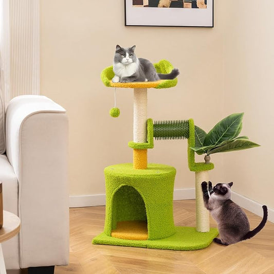 Tangkula Palm Small Cat Tree, Cute Cat Tower with Sisal Scratching Posts, Top Perch, Condo, Self Groomer & Dangling Ball, Unique Cat Tree Tower with Green Leaves for Indoor Cats