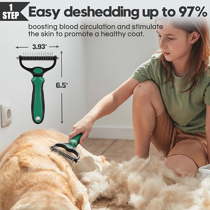 Bonteck Dog Slicker Brush for Dogs Grooming Kit 4PCS | Large Dog Brush for Goldendoodles Poodles Doodles | Long Pin Haired Brush | Poodle Brushes and Comb (Green)