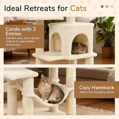 DORTALA Cat Tree for Indoor Cats, 44" Modern Cat Tower with Top Perch, Condo, Hammock, Sisal Scratching Posts, Dangling Balls, Platforms, Multi-Level Pet Climbing Furniture Playground (Beige)