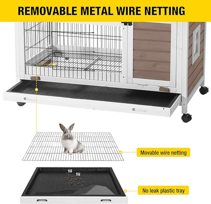 Aivituvin Rabbit Hutch Indoor Bunny Cage Outdoor Bunny House with Wire Floor Leakproof Plastic Tray, Brown