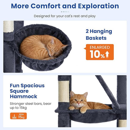 ABCPET Cat Tree 82 in Multi-Level Cat Tower for Indoor Cats, Heavy Duty Large Cat Tree with Sisal Scratching Posts, Hammock, 2 Perches, 2 Condos, 2 Hanging Baskets, Dark Grey