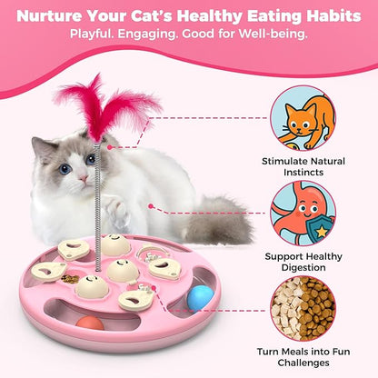 Cat Puzzle Toys Games Level 3 in 1 with Track Balls, Feather Teaser & Treat Feeder | Non-Slip Base | Mental Stimulation Enrichment for Indoor Cat, Dogs | Kitty Gift, Pink