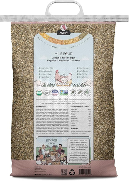 Mile Four Organic Chicken Feed (46 lbs) Layer Mash, Non-GMO, USA Grown, 16% Protein, Corn-Free, Soy-Free, Non-Medicated Feed for Chickens