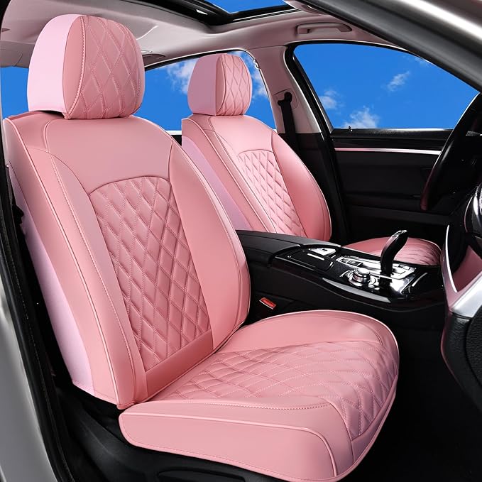 Huidasource Pink Front Seat Covers, Nappa Leather Front Car Seat Covers, Side Elastic Fabric, Compatible with Airbags, Seat Belts, Universal Fit for Most Cars, Vans, Trucks, SUV (Front Pair/Pink)