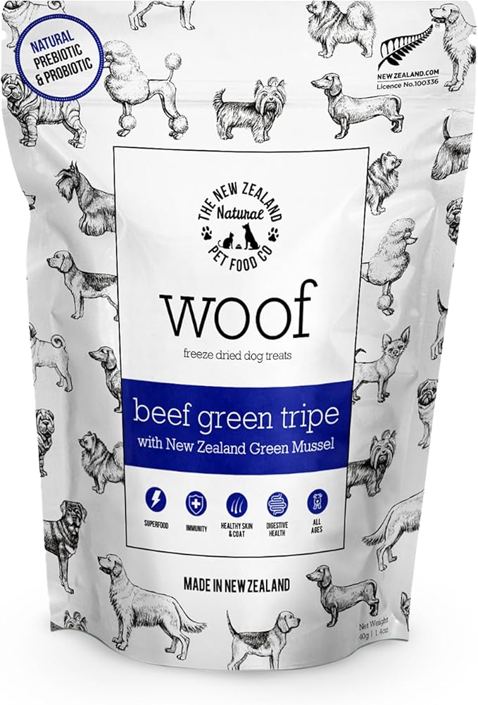 The New Zealand Natural Pet Food Co. WOOF Freeze Dried Dog Treats - Beef Green Tripe, High Protein, Treats Small & for Large Dogs, Natural, Topper or Dog Treat, 1.4 oz