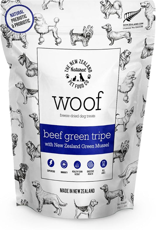 The New Zealand Natural Pet Food Co. WOOF Freeze Dried Dog Treats - Beef Green Tripe, High Protein, Treats Small & for Large Dogs, Natural, Topper or Dog Treat, 1.4 oz