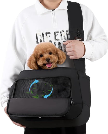 Pet Sling Carrier for Small to Medium Dogs and Cats, Fits 10–20lbs, Adjustable Soft Padded Shoulder Strap Dog Sling Carrier with Storage Pocket for Hands-Free Outdoor Travel & Hiking Black