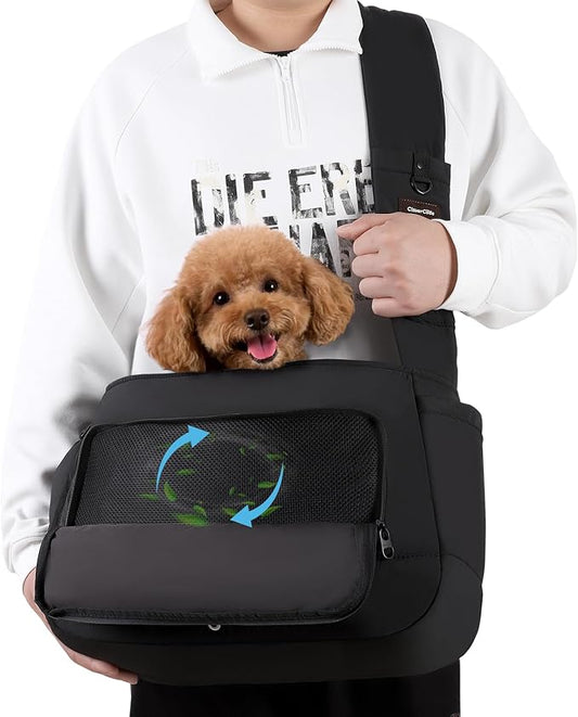 Pet Sling Carrier for Small to Medium Dogs and Cats, Fits 10–20lbs, Adjustable Soft Padded Shoulder Strap Dog Sling Carrier with Storage Pocket for Hands-Free Outdoor Travel & Hiking Black