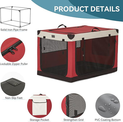 PETSFIT 36" Soft Portable Dog Crate – Patented Spiral Sturdy Frame, Collapsible Travel Kennel for Medium & Large Dogs, 3 Mesh Door, Lockable Zippers, Indoor & Car Use Red