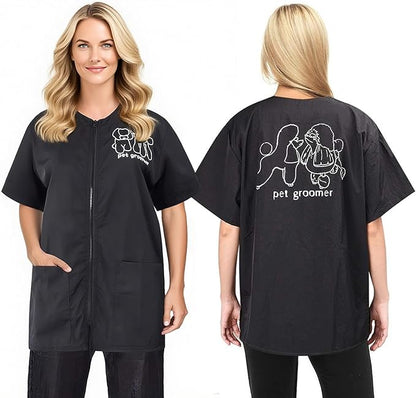Noverlife Short Sleeves Pet Grooming Work Clothes with Full Zipper, XL Size, Splash Proof Anti-Static Pets Beautician Smock, Dog Cat Groomer Cosmetologist Uniforms for Pet Shop Men Women