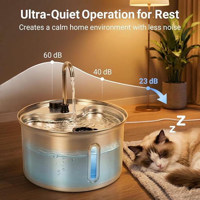 304 Stainless Steel Cat Water Fountain, 118oz/3.5L Pet Drinking Fountain for Cats and Small Dogs, Ultra-Quiet, Dishwasher Safe, Water Level Window, Cat Fountain with Smart Pump Protection