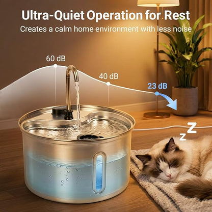304 Stainless Steel Cat Water Fountain, 118oz/3.5L Pet Drinking Fountain for Cats and Small Dogs, Ultra-Quiet, Dishwasher Safe, Water Level Window, Cat Fountain with Smart Pump Protection