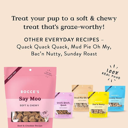 Bocce's Bakery Oven Baked Say Moo Treats for Dogs, Wheat-Free Everyday Dog Treats, Made with Real Ingredients, Baked in The USA, Natural Soft & Chewy Cookies, Beef & Cheddar Recipe, 6 oz (Pack of 2)