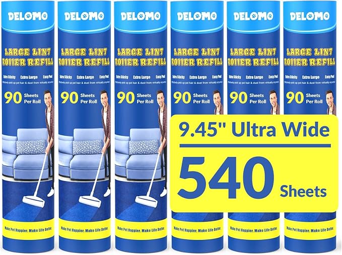 DELOMO 9.45” Large Lint Roller Refills, 6 Racks, 540 Extra Sticky Sheets | Sticky Roller Refills, Easy Tear Sheets, Compatible Only with DELOMO 9.45” Lint Roller, Floors, Carpets, Couches, Pet Hair