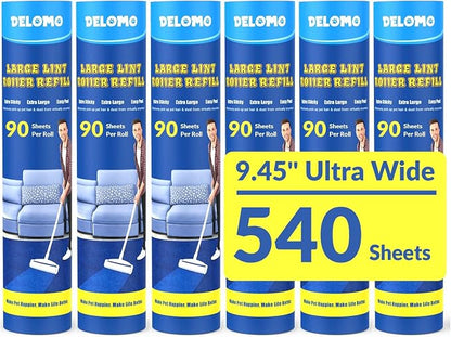 DELOMO 9.45” Large Lint Roller Refills, 6 Racks, 540 Extra Sticky Sheets | Sticky Roller Refills, Easy Tear Sheets, Compatible Only with DELOMO 9.45” Lint Roller, Floors, Carpets, Couches, Pet Hair