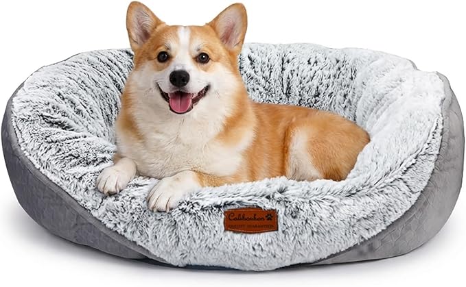 Long Fur Pet Bed for Medium Dogs, Plush Cat Bed with Bolster, Machine Washable Dog Bed with Non-Slip Waterproof Bottom, Orthopedic Support for Warmth & Security, 25x22 Inches