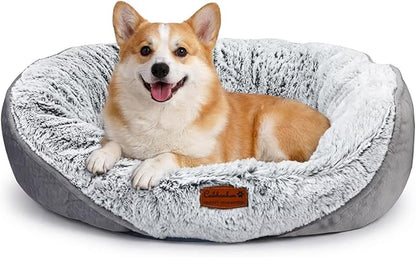 Long Fur Pet Bed for Medium Dogs, Plush Cat Bed with Bolster, Machine Washable Dog Bed with Non-Slip Waterproof Bottom, Orthopedic Support for Warmth & Security, 25x22 Inches