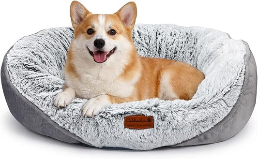 Long Fur Pet Bed for Medium Dogs, Plush Cat Bed with Bolster, Machine Washable Dog Bed with Non-Slip Waterproof Bottom, Orthopedic Support for Warmth & Security, 25x22 Inches