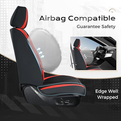 Coverado Seat Covers, Car Seat Covers Front Seats, 2 Pack Black and Red Leather Seat Covers, Waterproof Car Seat Protector with Lumbar Support, Front Seat Covers Universal Fit for Most Cars