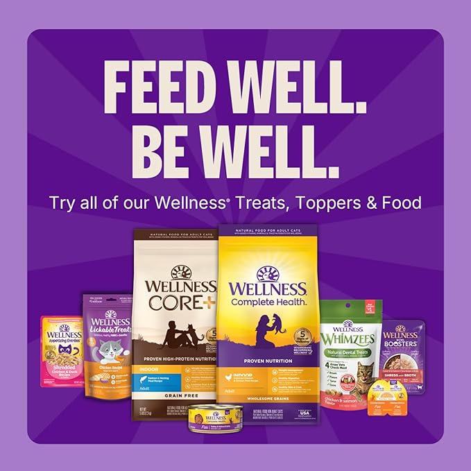 Wellness Lickable Treats Soft Puree Natural Grain Free Adult Cat Treats, Tuna Recipe, Contains 6-0.4 Ounce Squeezable Tubes