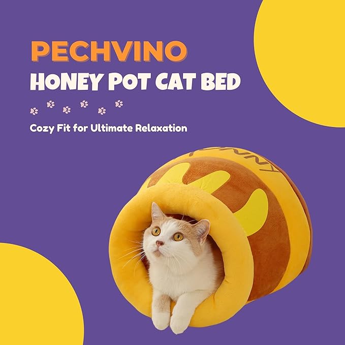 PECHVINO Honey Pot Cat Bed - Cozy Enclosed Pet Bed in Medium and Large Sizes, Cute Honey Pot Design for Cats & Small Pets, Plush Cushion & Durable Fabric (Medium)