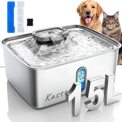 Kastty 4Gal/15L Dog Water Fountain, Large Capacity Stainless Steel Pet Water Fountain with Water Level LED Light, Ultra Quiet Dog Water Bowl Dispenser for Large Multi-Pet, Easy to Clean (FS78,Grey)