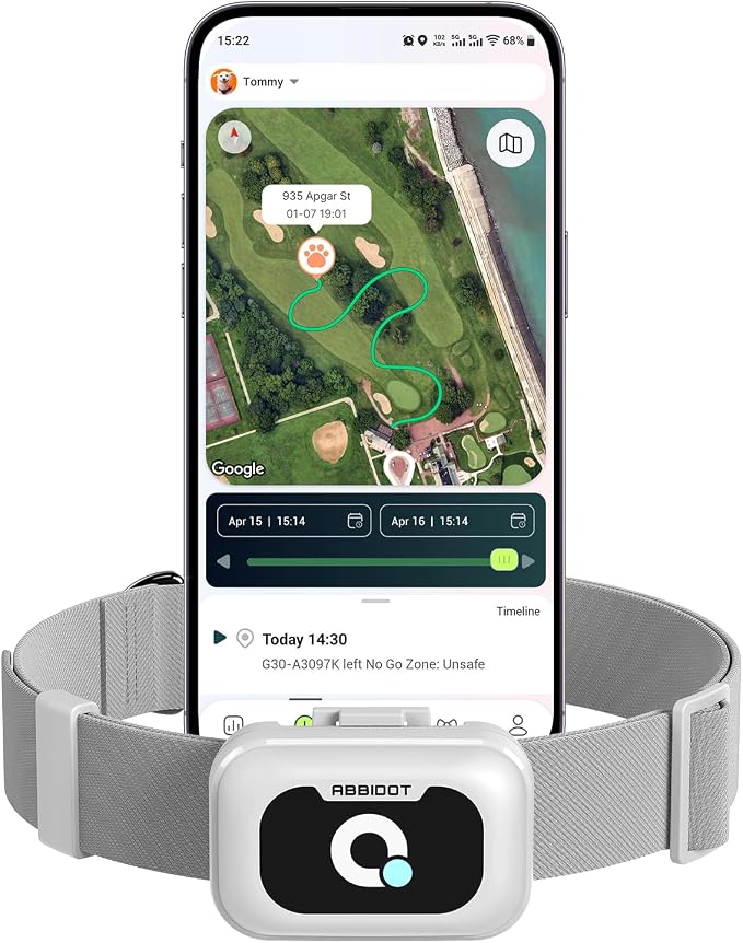 ABBIDOT GPS Dog Tracker - Real-Time Pet Tracker with Virtual Fence, Activity Monitor, Location History, Health Monitor, 3-Mode Light, Waterproof & Rechargeable GPS Tracker for Dogs with APP Support