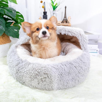 PetPals Round Cat Bed with Hoodie Cover and Removeable Washable Cushion, Super Soft Faux Fur Pet Bed for Puppy and Kitten with Anti-Slip Bottom (Faux Fur Igloo)