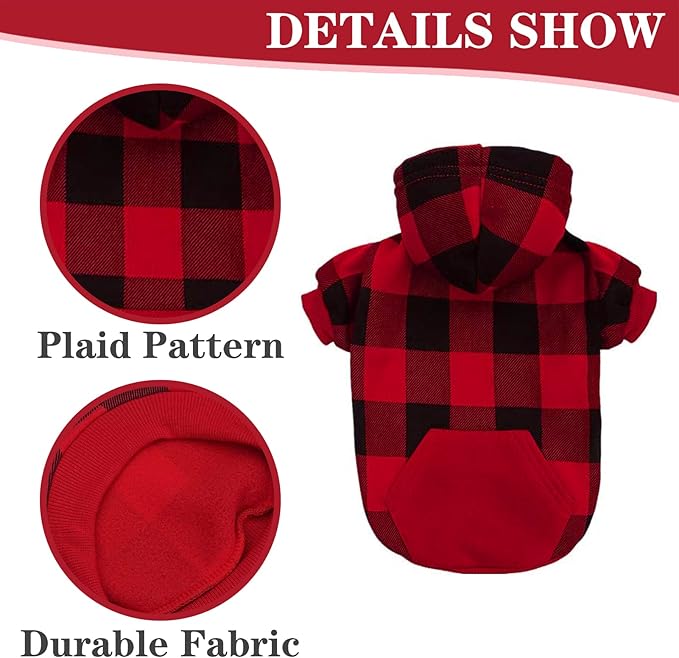 EXPAWLORER Plaid Dog Hoodie - British Style Warm Dog Sweater Shirt with Leash Hole,Pitbull Clothes Outfits,Winter Coat Apparel for All Breeds Puppy Girl Boy-Cat Apparel,Buffalo Check Large