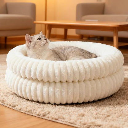 Cat Beds for Indoor Cats,Washable Round Donut Dog Bed,Fluffy Puppy Dogs Beds for Small Dogs with Anti-Slip Bottom (White, S)