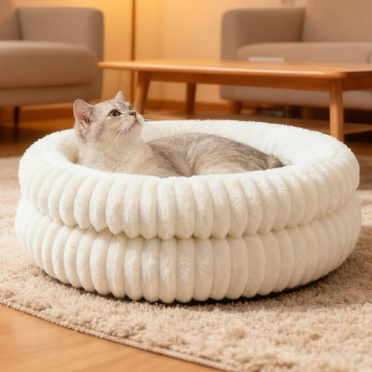 Cat Beds for Indoor Cats,Washable Round Donut Dog Bed,Fluffy Puppy Dogs Beds for Small Dogs with Anti-Slip Bottom (White, S)
