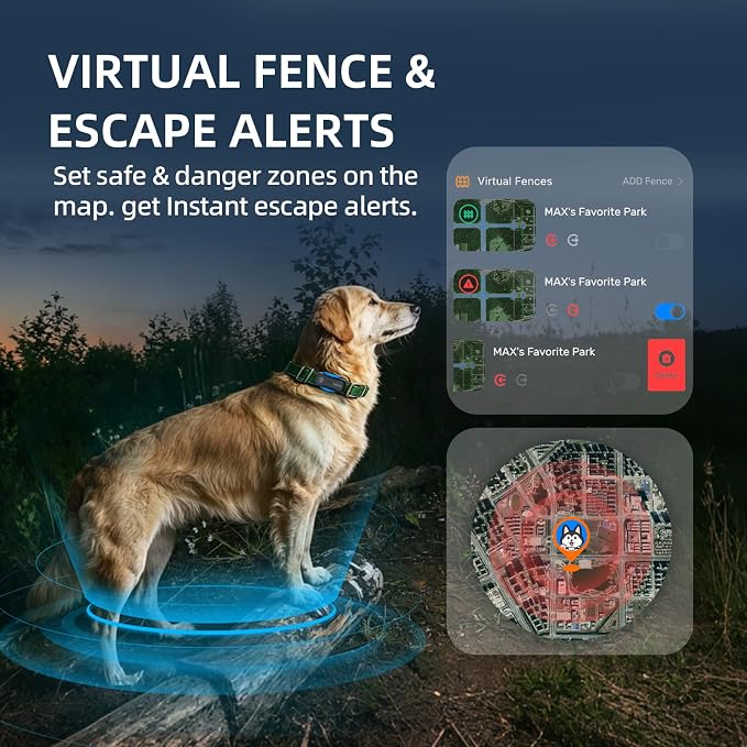 AI GPS Tracker for Dogs with 12 Month Subscription, Real-Time Location, Electronic Fence, Health Monitoring, Waterproof, for Medium Large Dogs, iOS Android