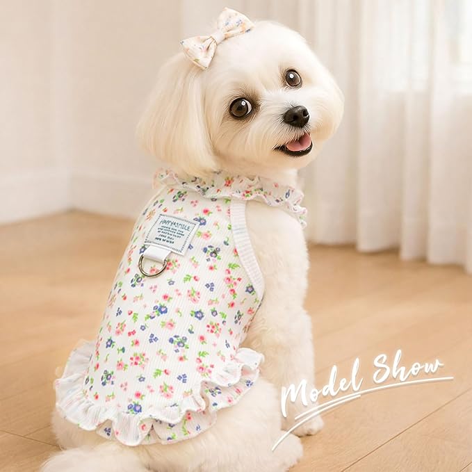 2 Pack Dog Cat Dresses for Small Dogs Girl Cute Heart & Floral Print Ruffle Sleeve Hem Breathable Stretchy Pet Puppy Cat Summer Clothes Outfits for Chihuahua Yorkie Teacup Extra Small Tiny Dogs