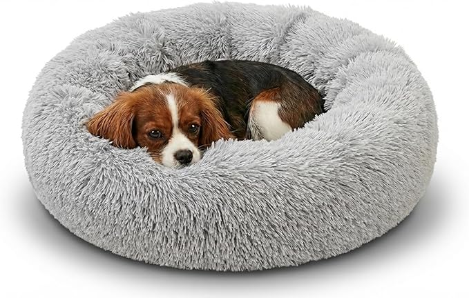 Active Pets Premium Small Donut Dog Bed, Fits Up to 45 lbs, Removable Cover & Washable Cushion, Plush Long Pile Faux Fur Fabric, Portable Light Grey Pet Bed Furniture for Puppies Adult Canines & Cats