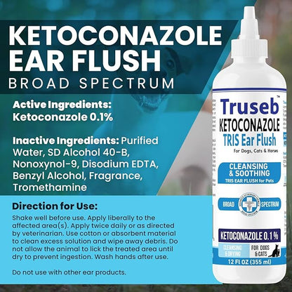 Pet Health Pharma Truseb | Dog Ear Flush Ketoconazole Dog Ear Wash, Cats and Horses, KETOCONAZOL 0.1% Tris Ear Flush for Dogs (12 oz) Made in U.S.A (Ketoconazole Ear Flush, 24 oz)