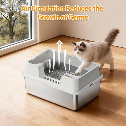 Enclosed Stainless Steel Cat Litter Box with Lid Extra Large Litter Box for Big Cats XL Metal Litter Pan Tray with High Wall Sides Enclosure, Non-Sticky, Anti-Leakage, Easy Cleaning