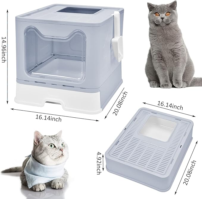 Panghuhu88 Foldable Cat Litter Box with Lid, Large Top Entry Toilet, Enclosed Potty Include Litter Scoop, Drawer Type Easy Clean Litter Pan (Grey, 20" L x 16" W x 15" H)