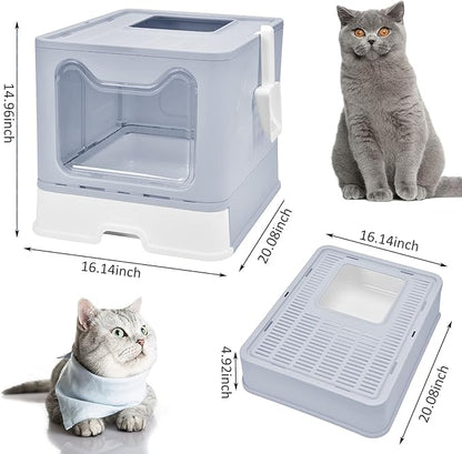 Top Entry Cat Litter Box With Lid - Enclosed Anti-Splashing Potty, Foldable Large Covered Toilet Pan, Cat Supplies With Scoop, Brush and Garbage Bag