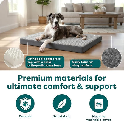 FurHaven Orthopedic Dog Bed for Large Dogs, Mattress Style Bed, Egg Crate with a solid Orthopedic Foam Base for Joint Support, Washable Cover, Jumbo Plus XXL, Plush Faux Fur & Suede, Gray