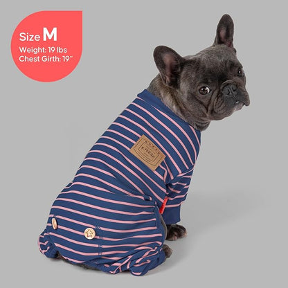 KYEESE Dog Pajamas, Stretchable Velvet Fleece 4 Legs Doggie Onesie, Striped Dog PJS for Small Dogs, Puppy Pajamas Soft Cozy Pet Outfit, Comfortable Sleepwear Cat PJS,Navy Blue Striped, X-Small