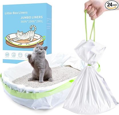 24 Count Jumbo Cat litter Box Liners, 36" x 19" Easy Clean Up Thick Large Kitty Litter Liner XL, Extra Large Heavy Duty Litter Pan Liner Bags with Drawstring for Pet Cat Litter Tray