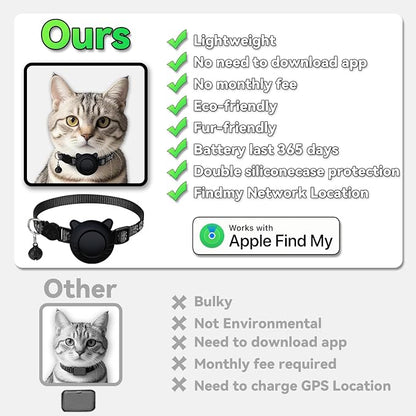 GPS Tracker for Cat Tracker Collar Waterproof Airtag Compatible with Apple Find My (iOS ONLY) No Monthly Fee Breakaway Design Reflective Pattern Bell Black Durable Cat Tracking (Tracker with Collar)
