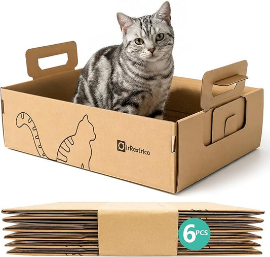 6-Pack Large Disposable Cat Litter Box, Recyclable Cardboard, Waterproof & Leak-Resistant, Portable for Travel, Temporary and Home Use