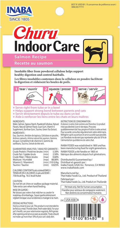 INABA Churu Indoor Care for Hairball Control, Functional Lickable Cat Treat with Taurine & Green Tea Extract, 0.5oz Each, 24 Tubes Total, Salmon Recipe